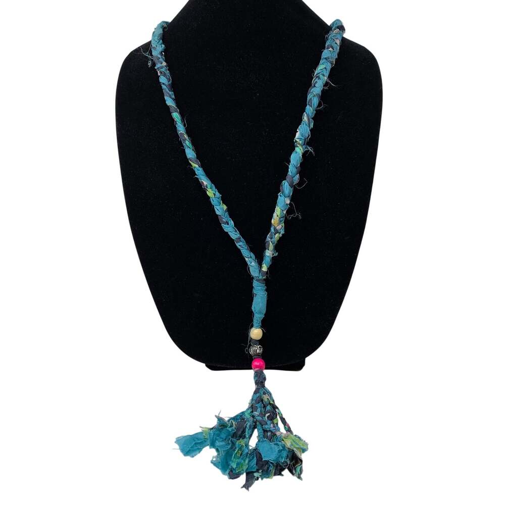 Johnny Was Turquoise Blue Braided Fabric Tassel Necklace Beaded Boho Statement